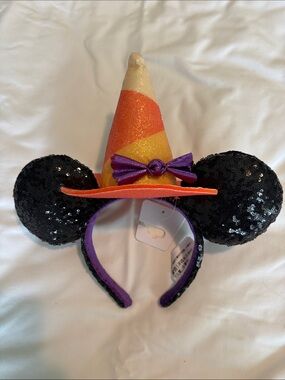 Disney Sequin Black Mouse Ear Headband with Orange, Yellow & Purple Witch Hat